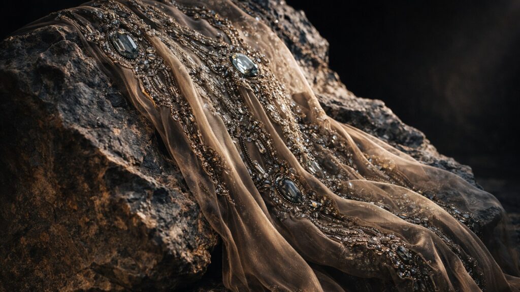 Antique gold tulle fabric with crystal embroidery, sequins, beads, and metallic thread embellishment for haute couture gowns